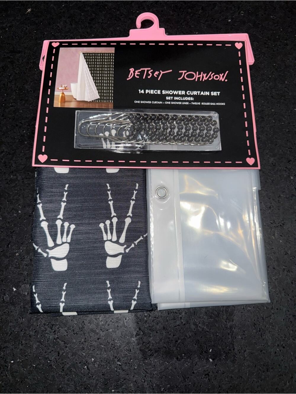Betsey Johnson Black & White Peace & Heart Sign Skeleton Hands Patterned Shower